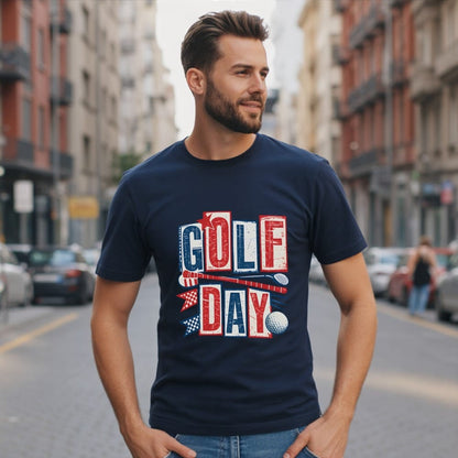 Man wearing navy blue t-shirt with "GOLF DAY" text, golf clubs, and flag.