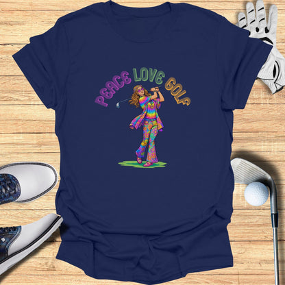 Peace Love Golf Groovy Themed T-Shirt for Golf Enthusiasts