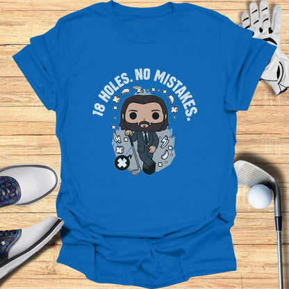 Blue t-shirt with cartoon golfer and "18 HOLES. NO MISTAKES." text.