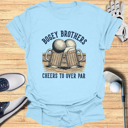 Light blue t-shirt with "Bogey Brothers Cheers to Over Par" and beer mugs.