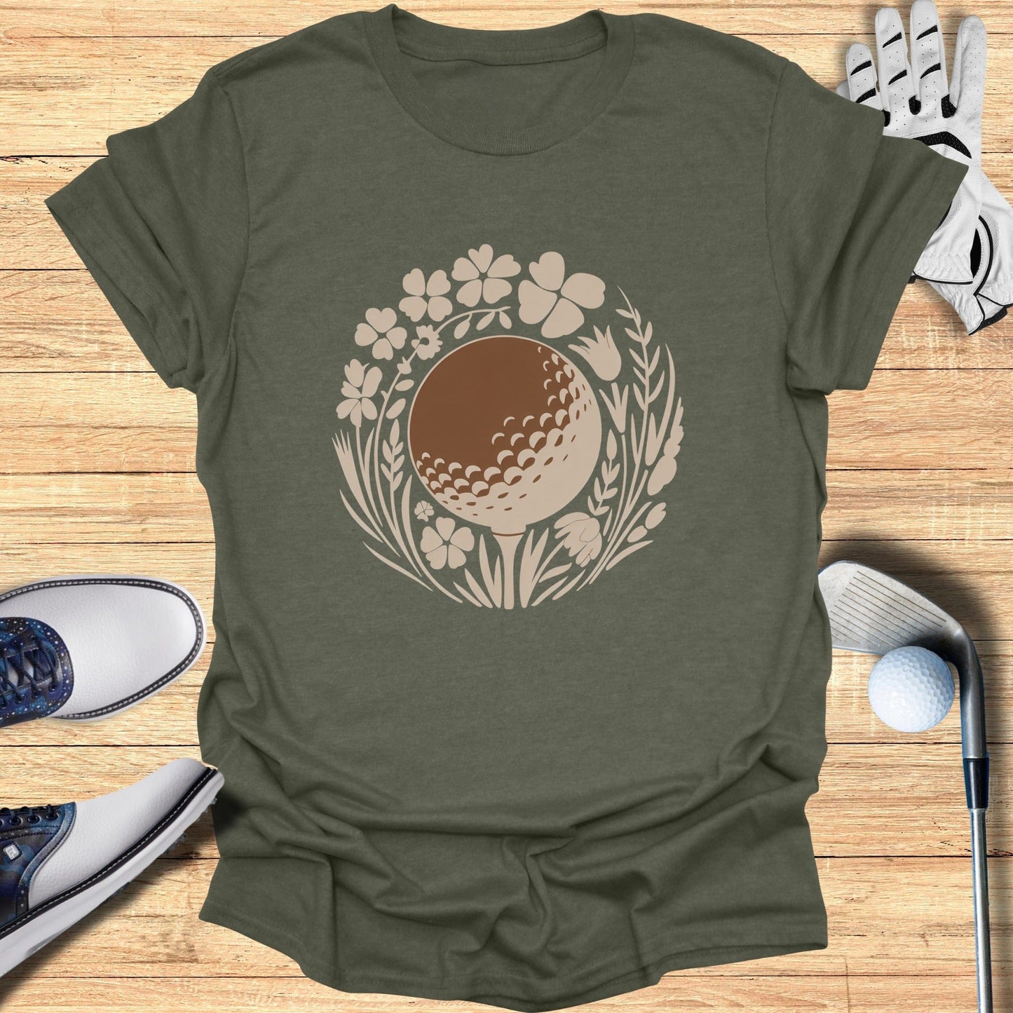 Stylish Green Tee with Golf Floral Design Shirt