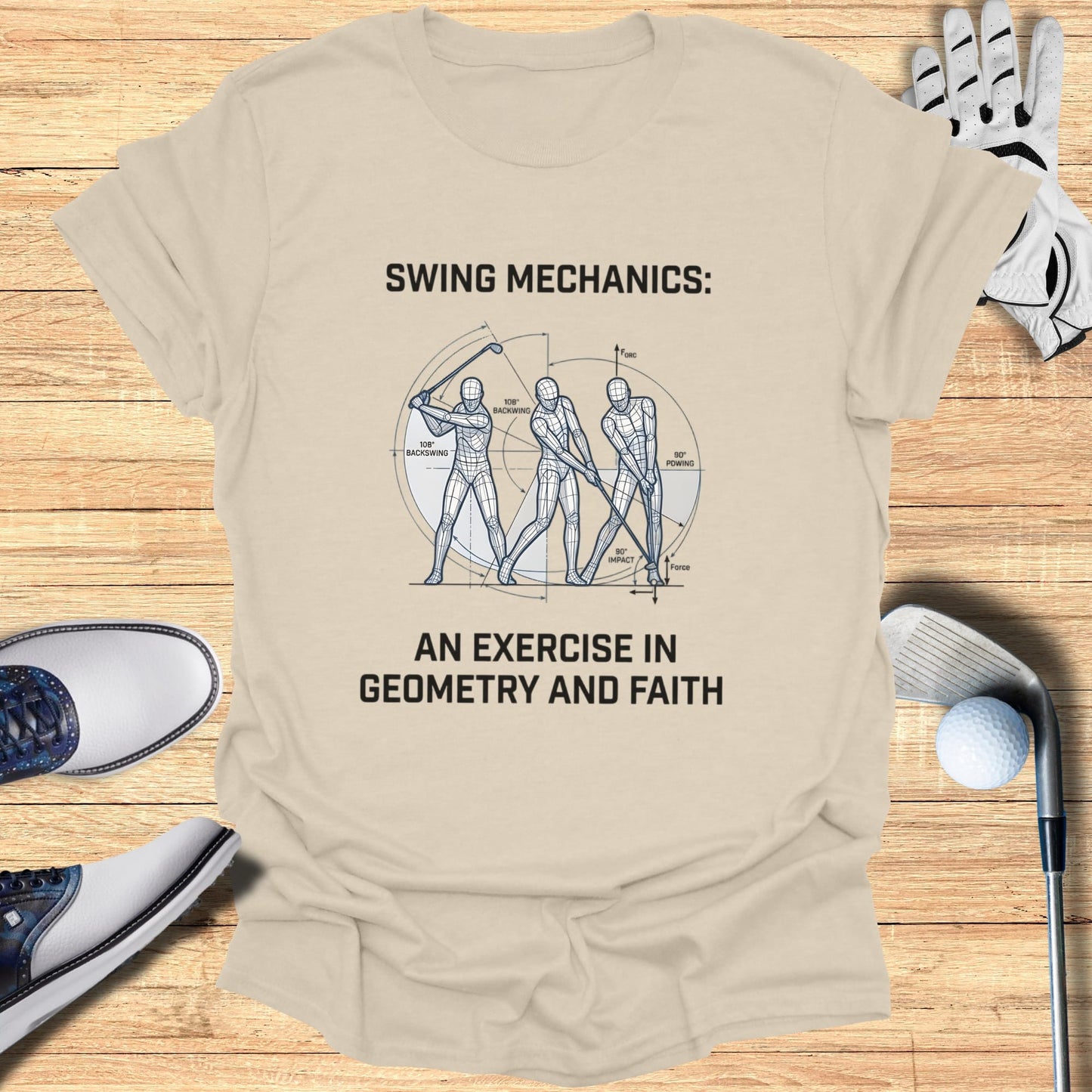 T-shirt illustrating golf swing mechanics with diagram and text.
