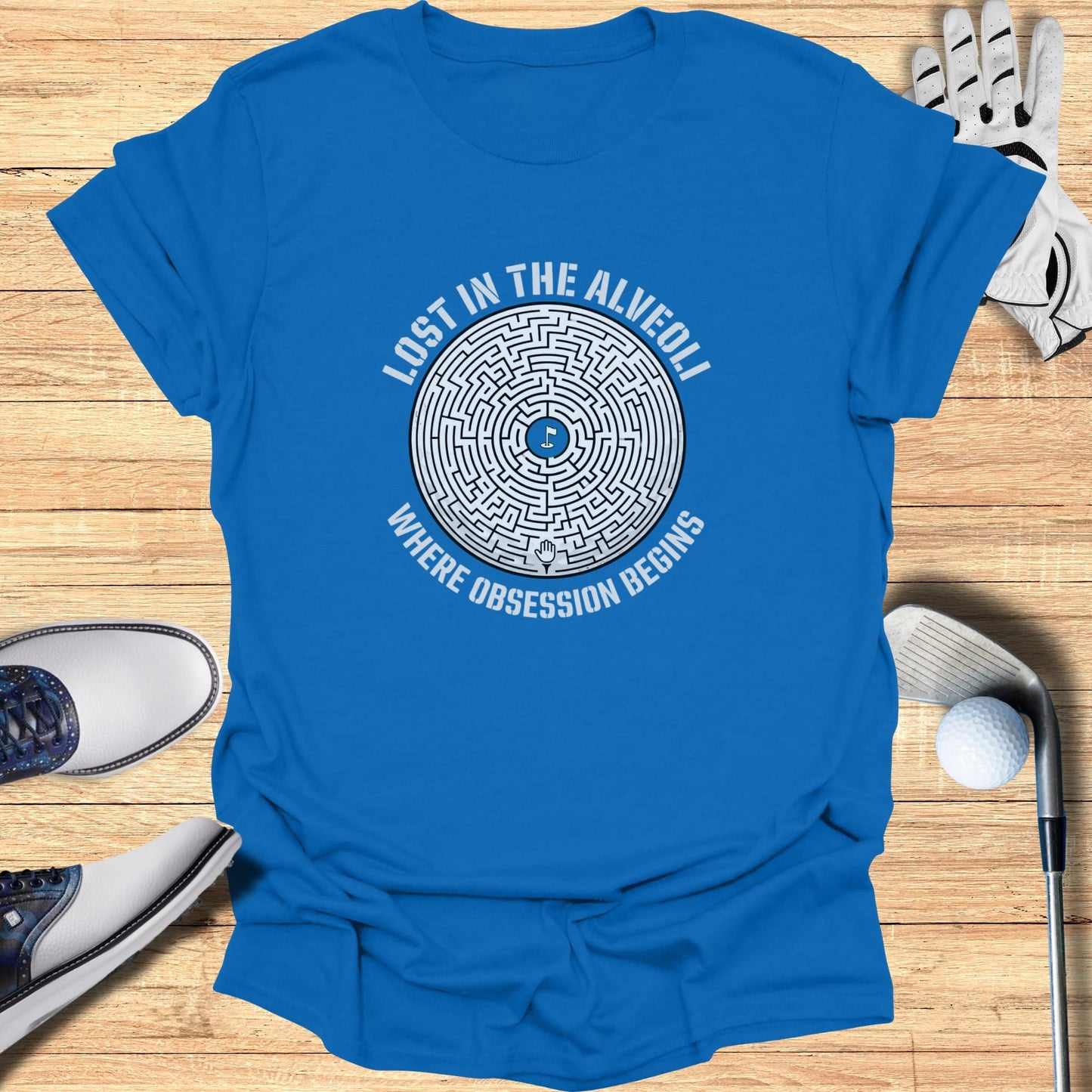 Blue t-shirt with maze design and text "Lost in the Alveoli Where Obsession Begins."