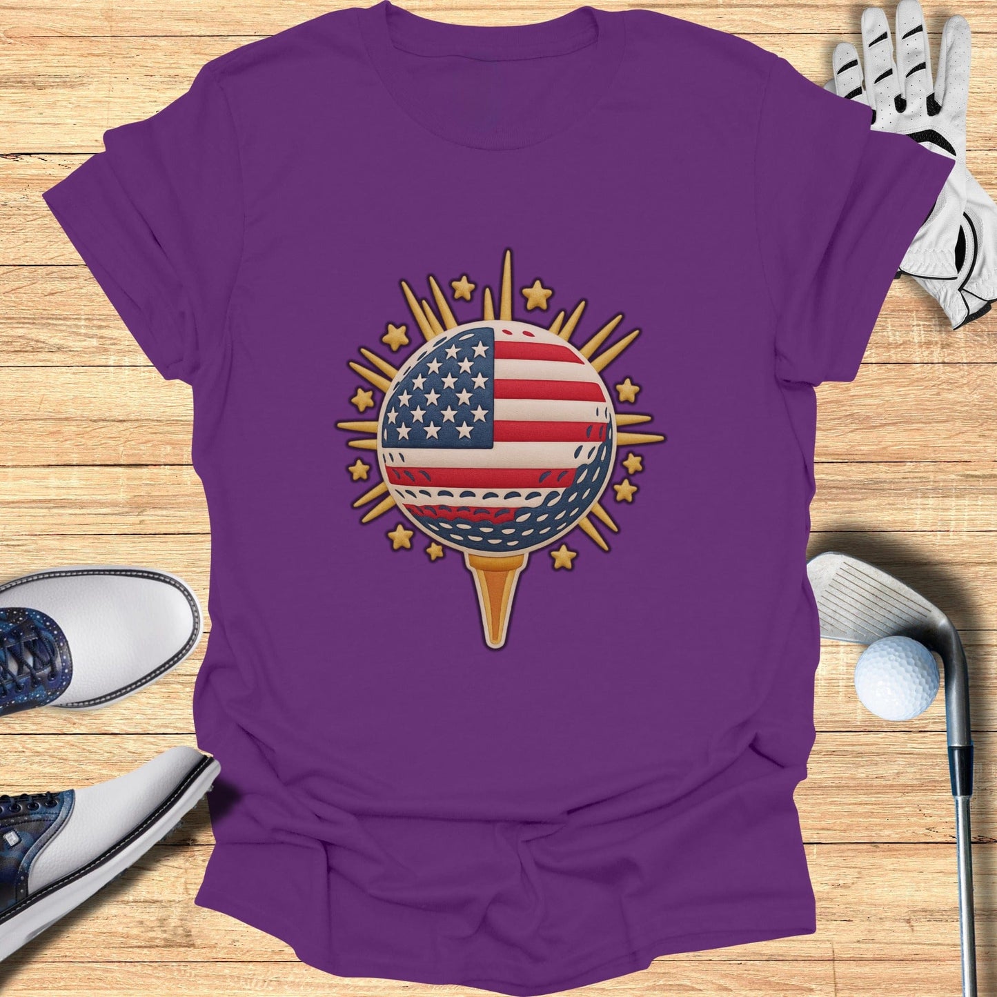 American Flag Golf Ball Design Purple T-Shirt