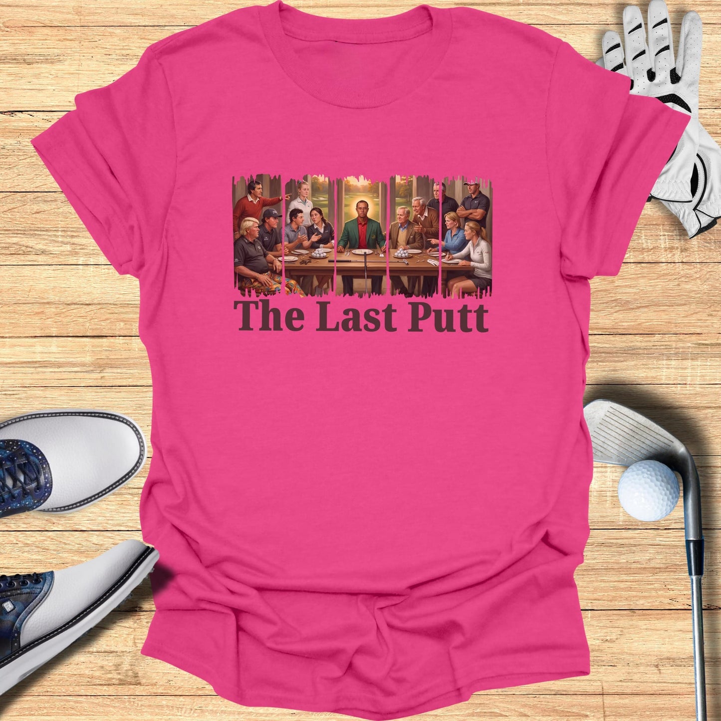T-shirt with illustration of golfers at a table and text "The Last Putt".