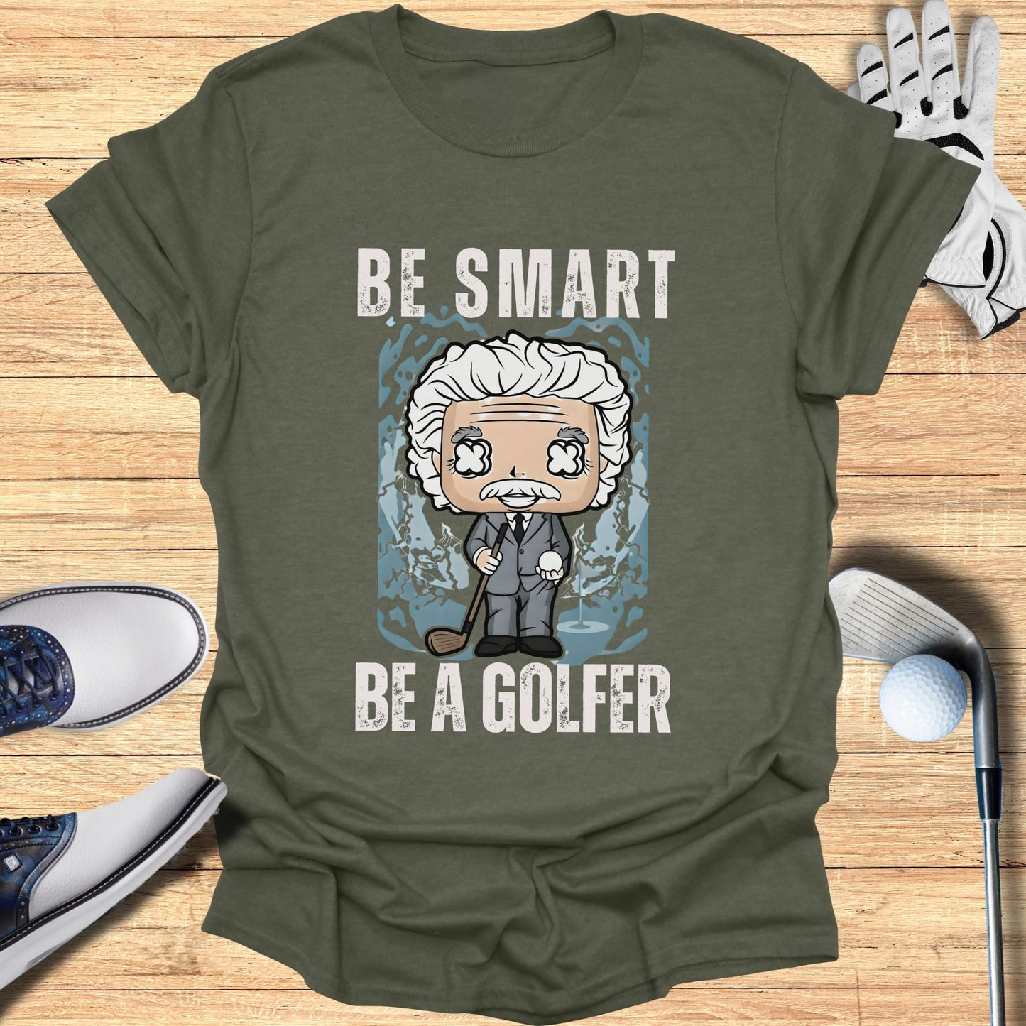 T-shirt with cartoon golfer and text "BE SMART BE A GOLFER".