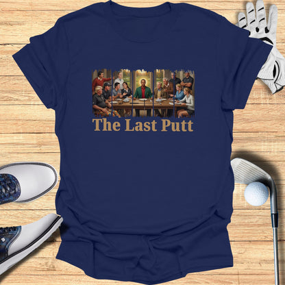 Navy t-shirt with "The Last Putt" text and a depiction of golfers at a table.