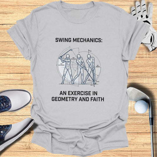 T-shirt graphic showing golf swing mechanics with diagrams and text.