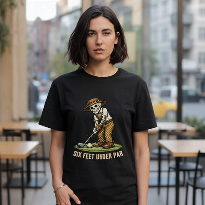 Six Feet Under Par Skeleton Golfer Graphic T-Shirt