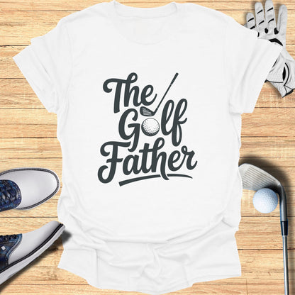 White t-shirt with "The Golf Father" text and golf accessories.