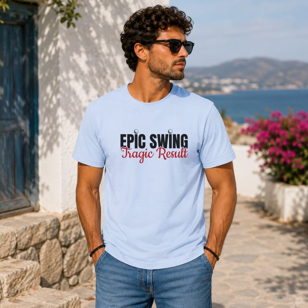 Light blue t-shirt with "EPIC SWING Tragic Result" graphic worn by a man.