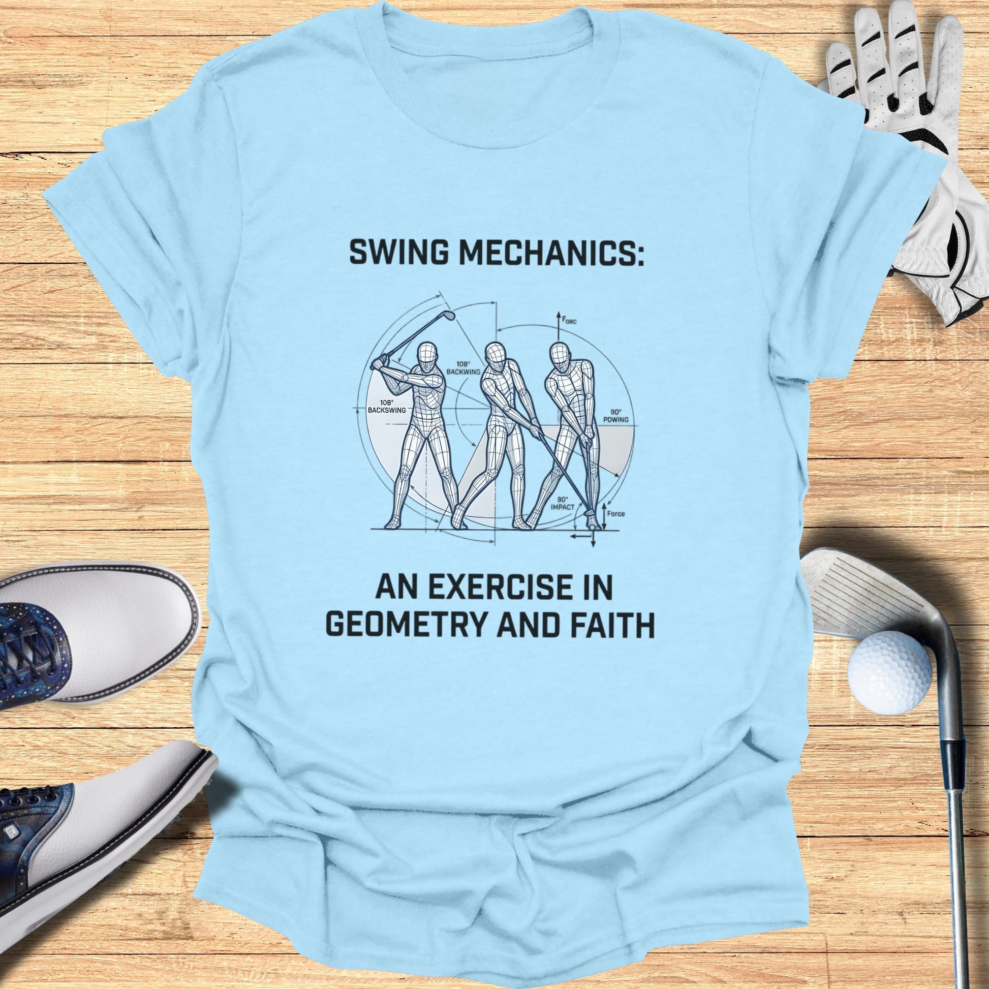 T-shirt with diagram of golf swing mechanics and text.