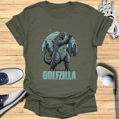 Golfzilla T-shirt featuring giant golfing monster design