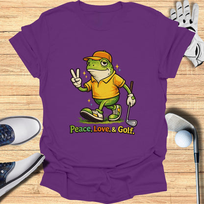 Purple t-shirt with cartoon frog giving peace sign, text "Peace, Love, & Golf".