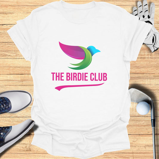 White t-shirt with "The Birdie Club" logo, golf shoes, glove, and ball.