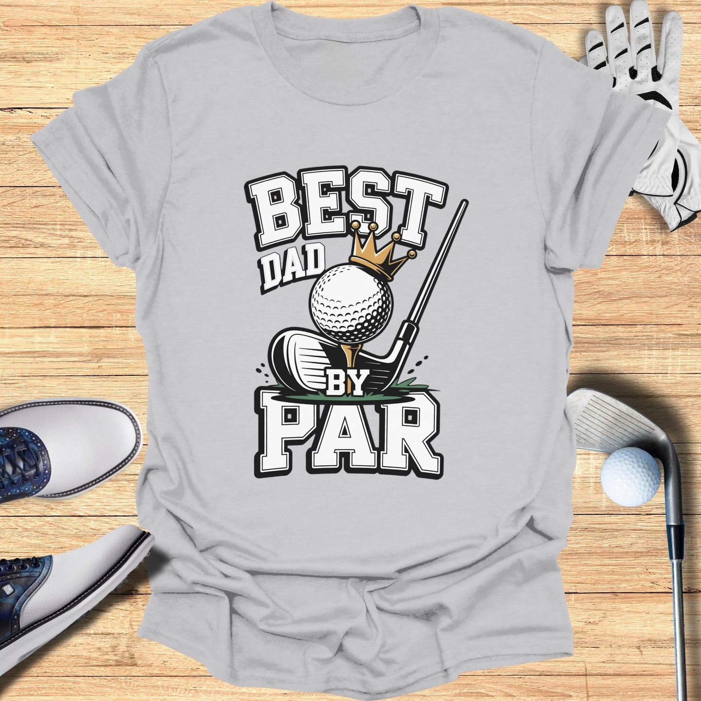 Gray t-shirt with "Best Dad by Par" graphic, golf ball, tee, and crown.