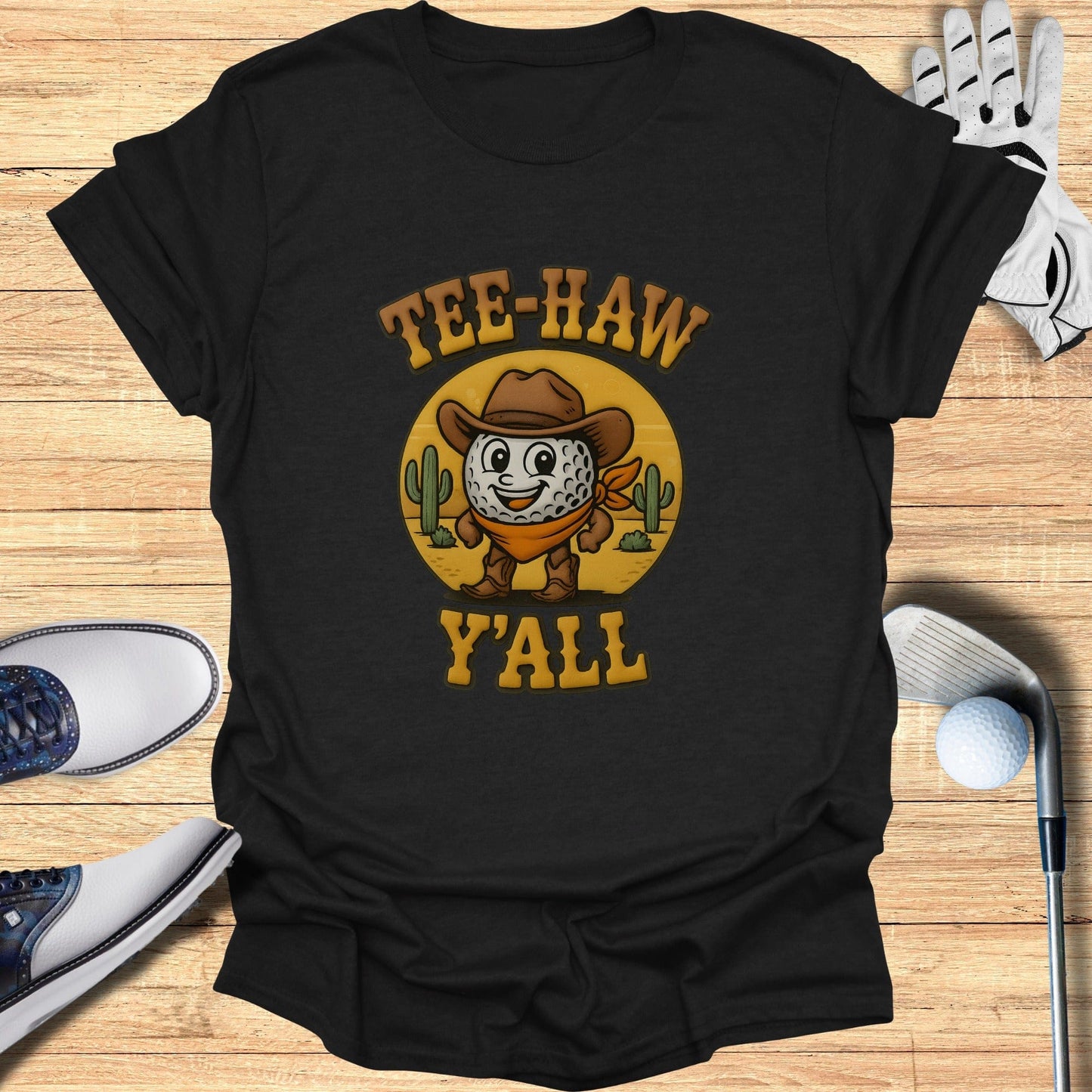 'Tee-Haw Y'all Golf Cowboy Cactus Design Shirt'