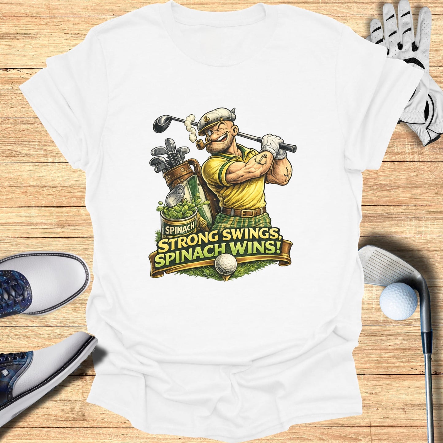 T-shirt with golfer graphic and "Spinach Strong Swings, Spinach Wins!" text.