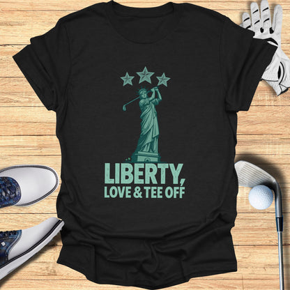 Statue of Liberty golfing with "Liberty, Love & Tee Off" text.