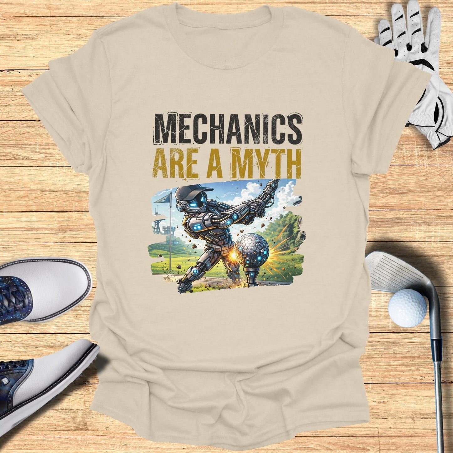 Robotic golfer swings at a golf ball, "Mechanics Are A Myth" text above.
