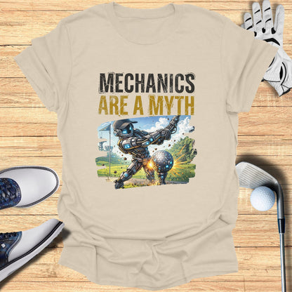 Robotic golfer swings at a golf ball, "Mechanics Are A Myth" text above.