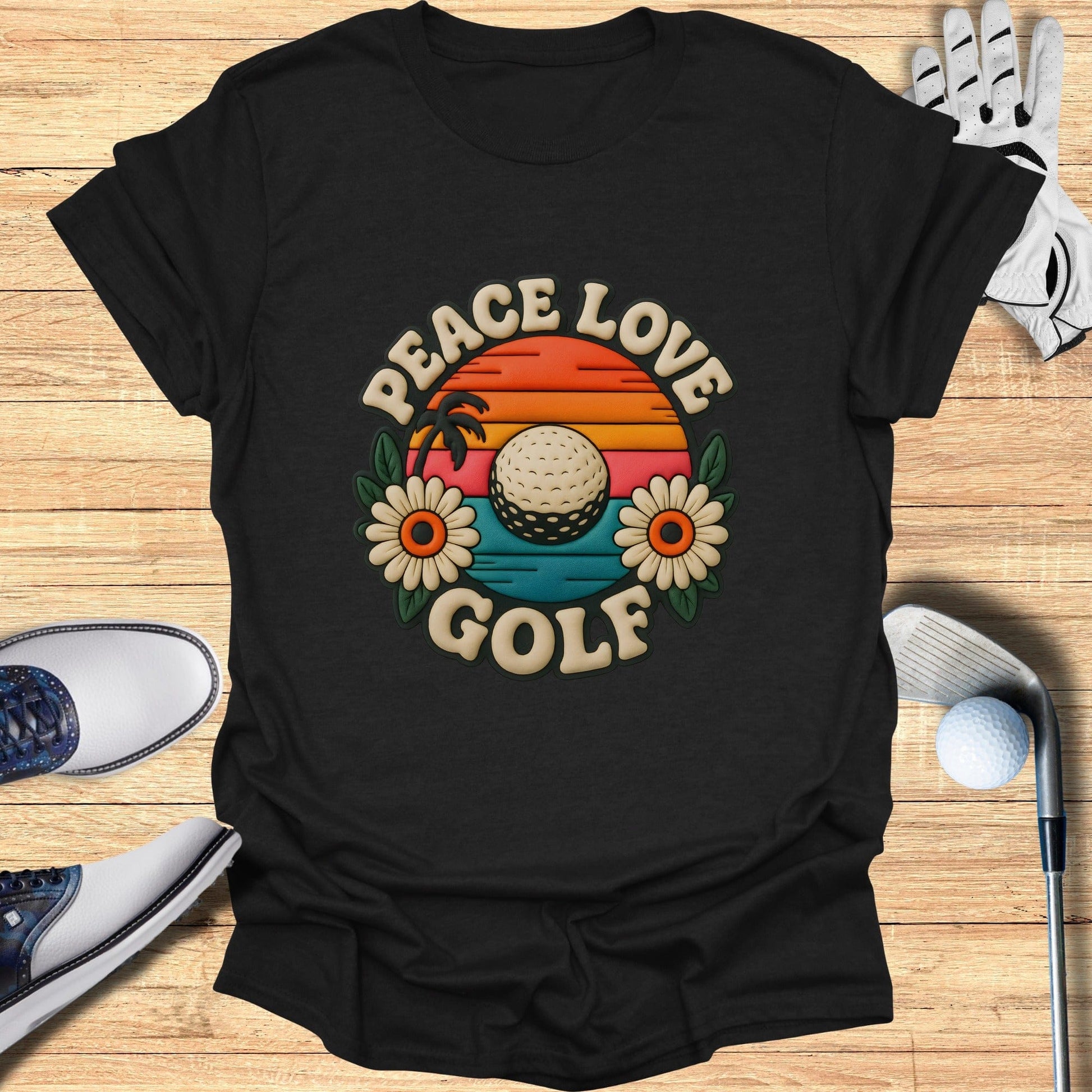 Peace Love Golf T-Shirt with Retro Sunset Design