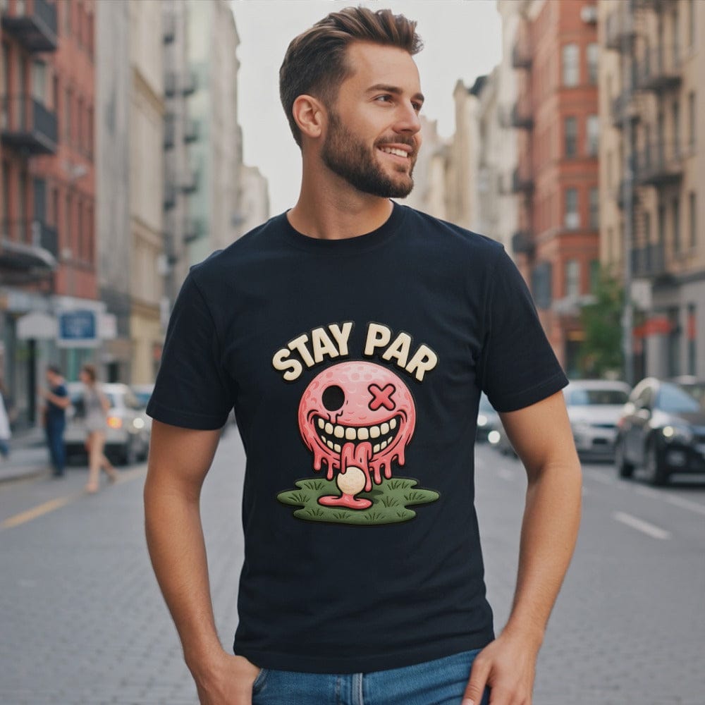 Stay Par Cartoon Smiley Face Golf Graphic T-Shirt
