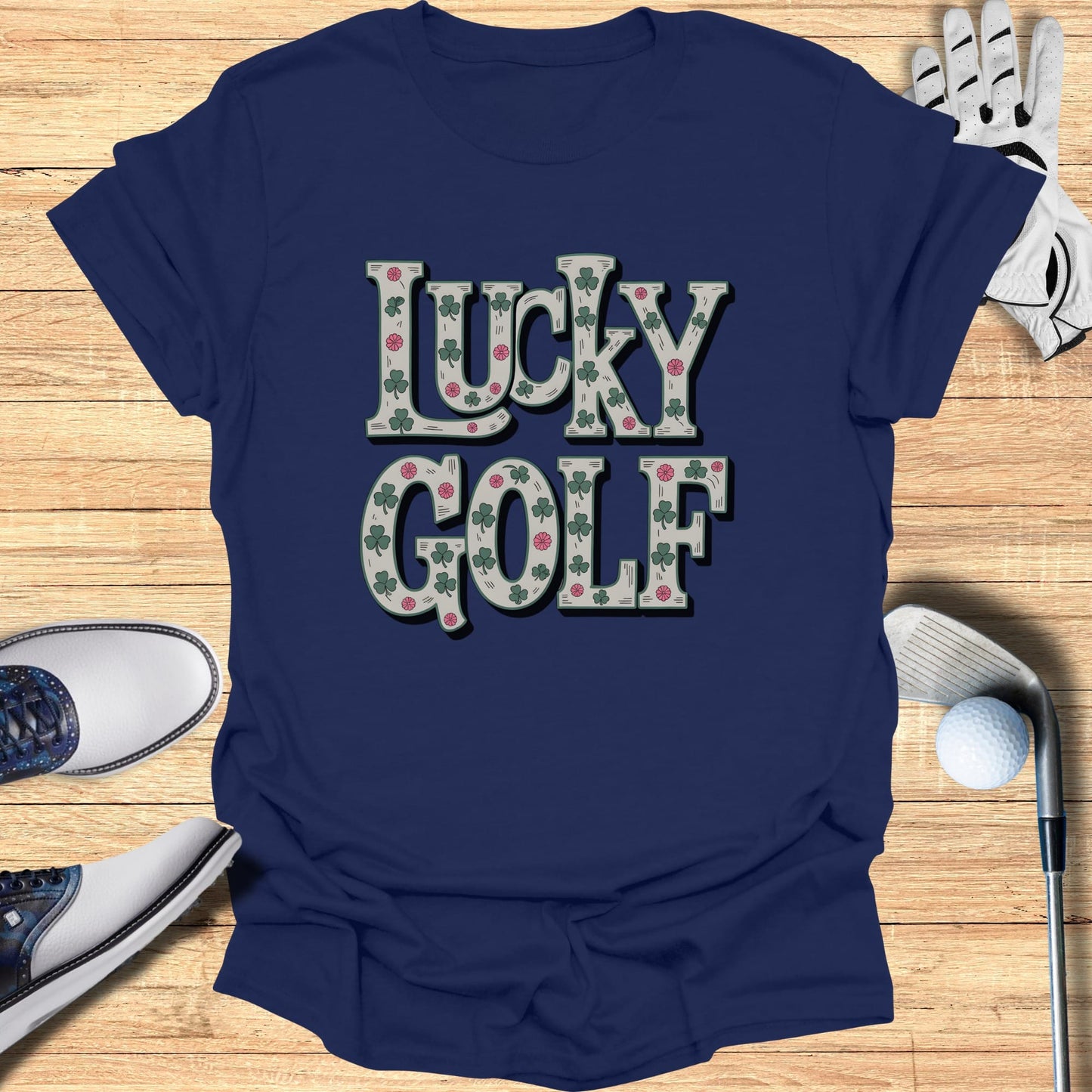 Navy t-shirt with "Lucky Golf" text and shamrock graphics.