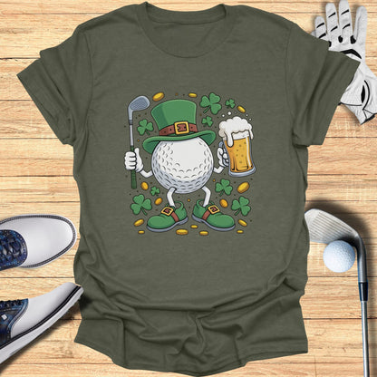 Golf ball character in a leprechaun costume holding a beer and a golf club.
