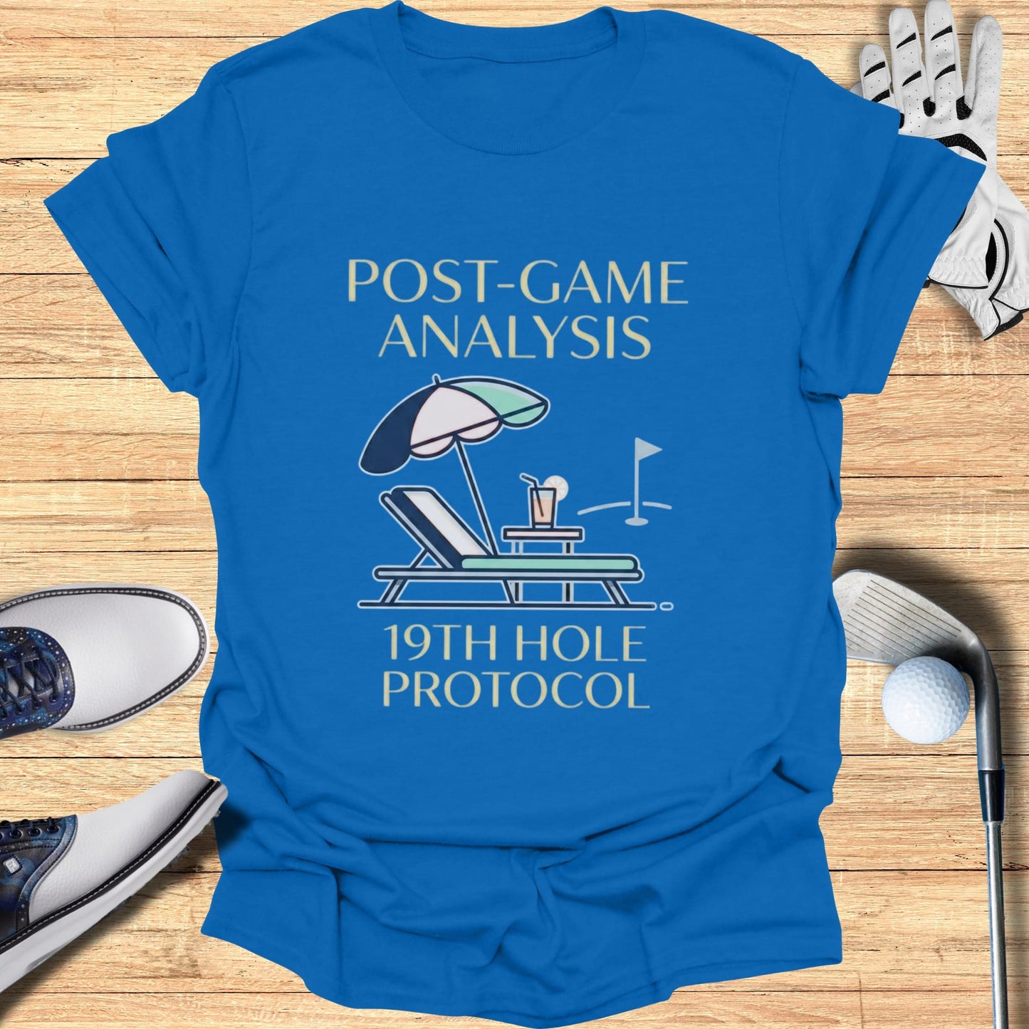 Blue t-shirt with "POST-GAME ANALYSIS 19TH HOLE PROTOCOL" text and golf illustration.