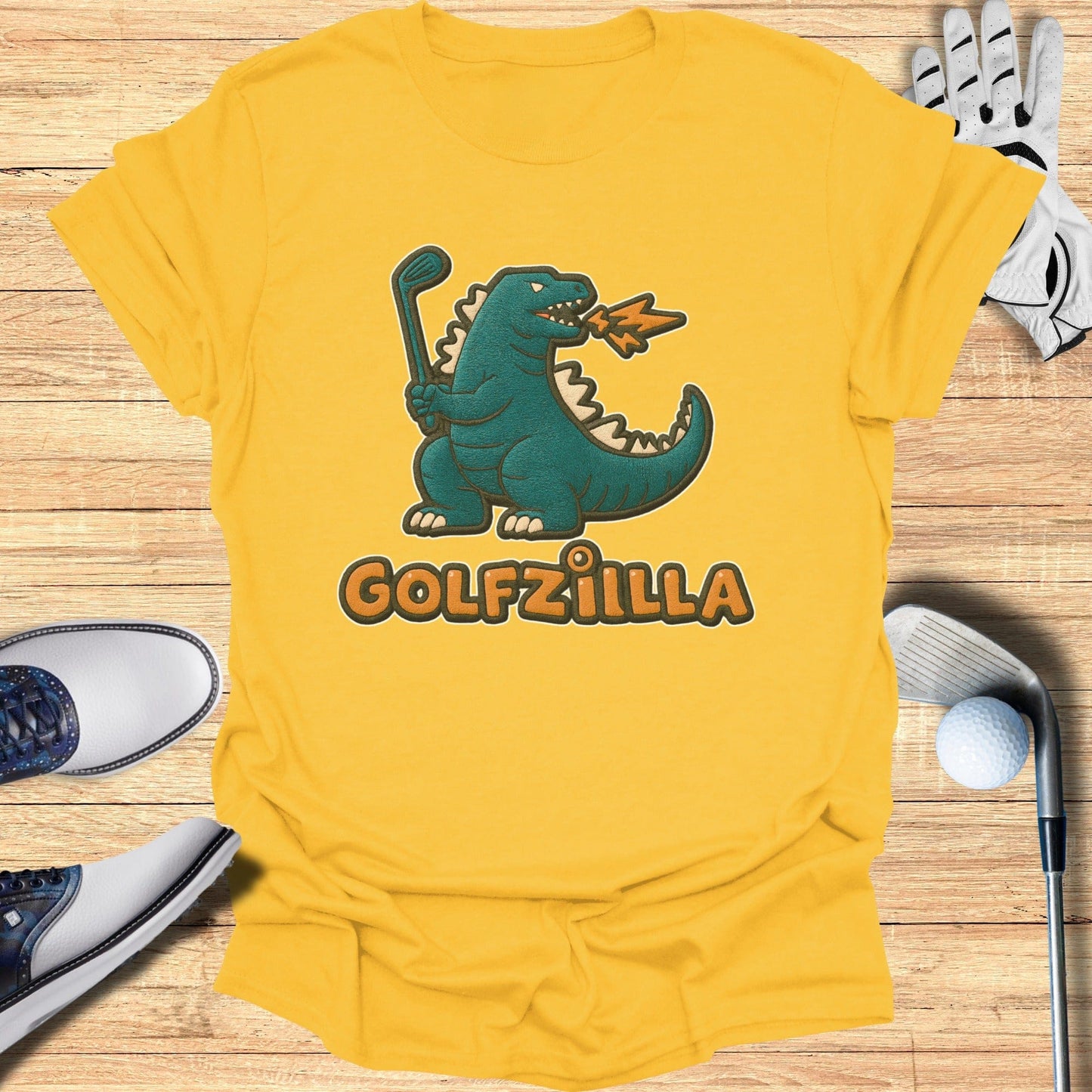 Funny Golfzilla Dinosaur Graphic Tee Shirt