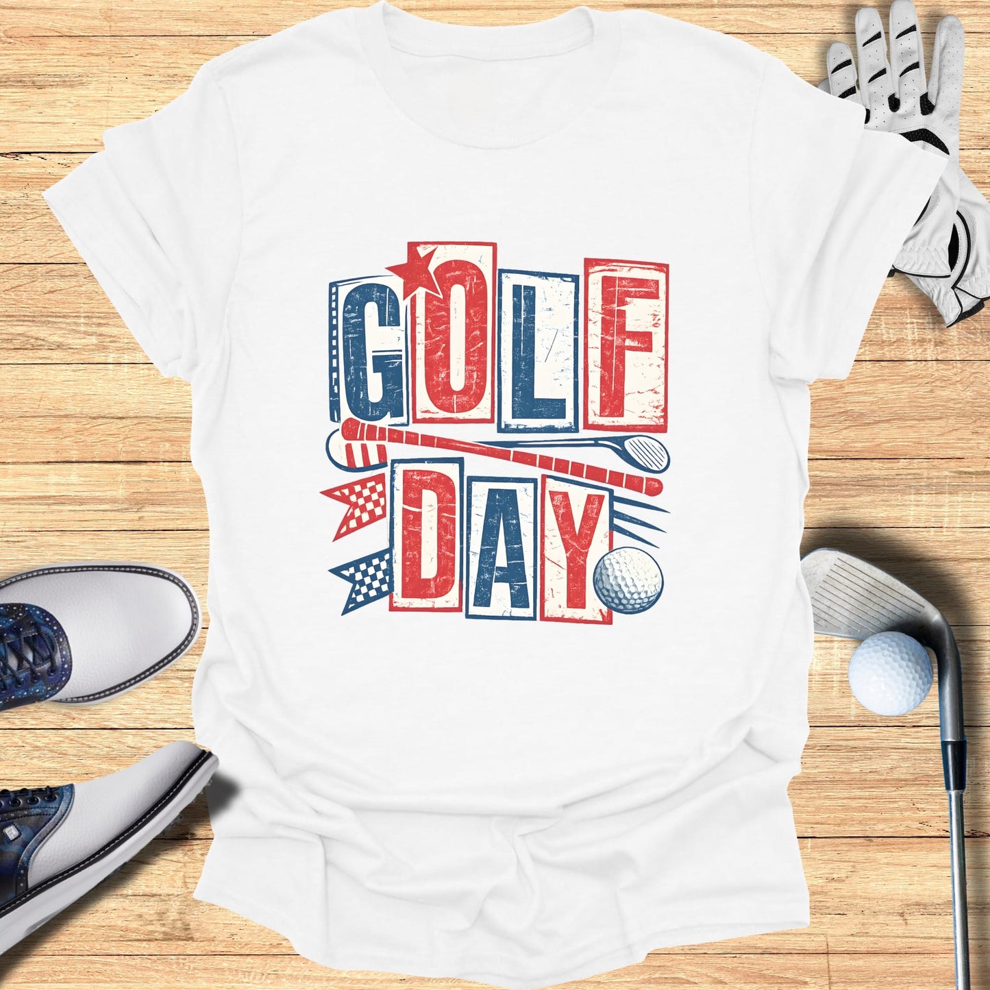 White t-shirt with "Golf Day" text and golf ball graphic.