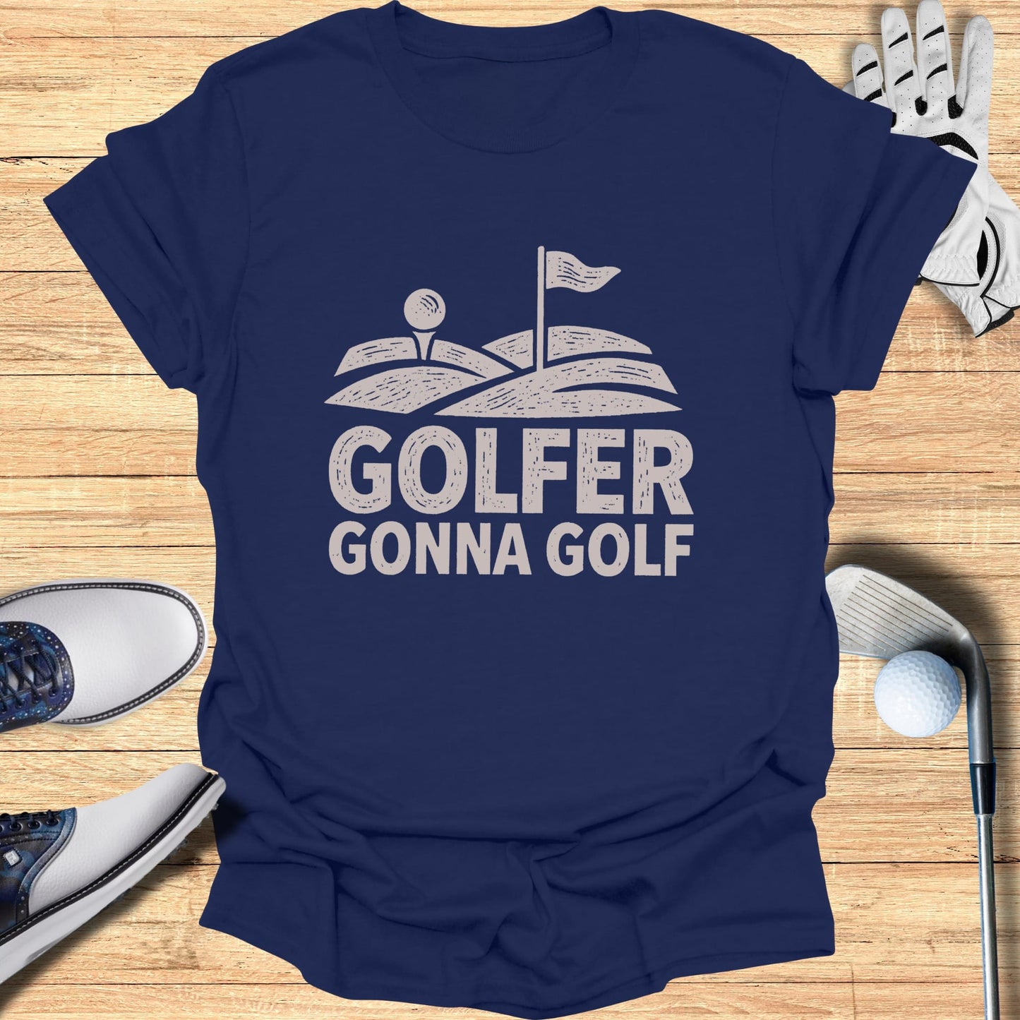 Navy t-shirt with "Golfer Gonna Golf" text and golf graphic.