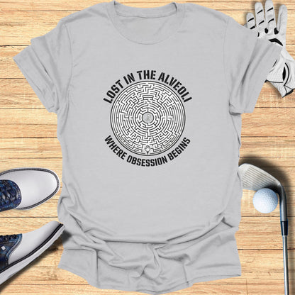 Gray t-shirt with a maze graphic and "LOST IN THE ALVEOLI WHERE OBSESSION BEGINS" text.