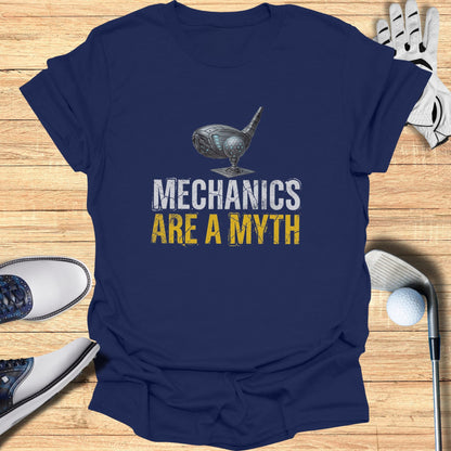 Navy t-shirt with "Mechanics Are A Myth" and golf club graphic.