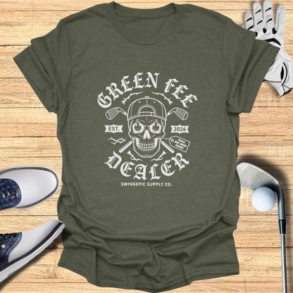Green Fee Dealer skull graphic t-shirt with golf accessories.