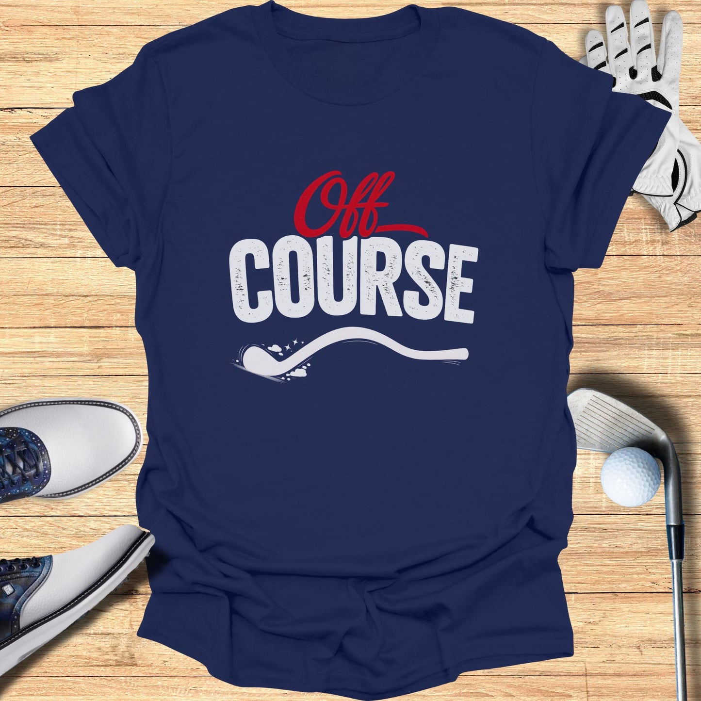 Navy t-shirt with "Off COURSE" text and golf accessories.