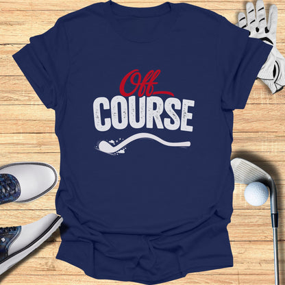 Navy t-shirt with "Off COURSE" text and golf accessories.