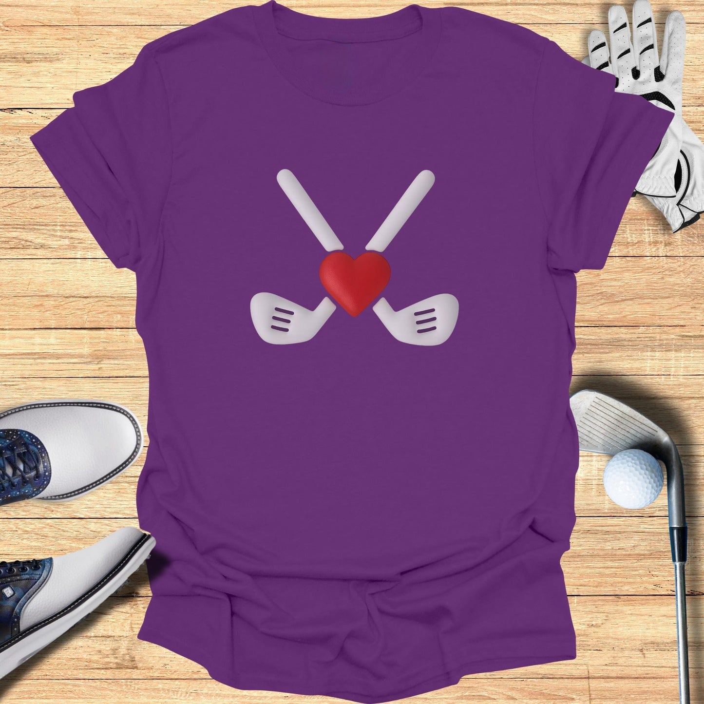 Purple T-Shirt with Crossed Golf Clubs and Heart Design