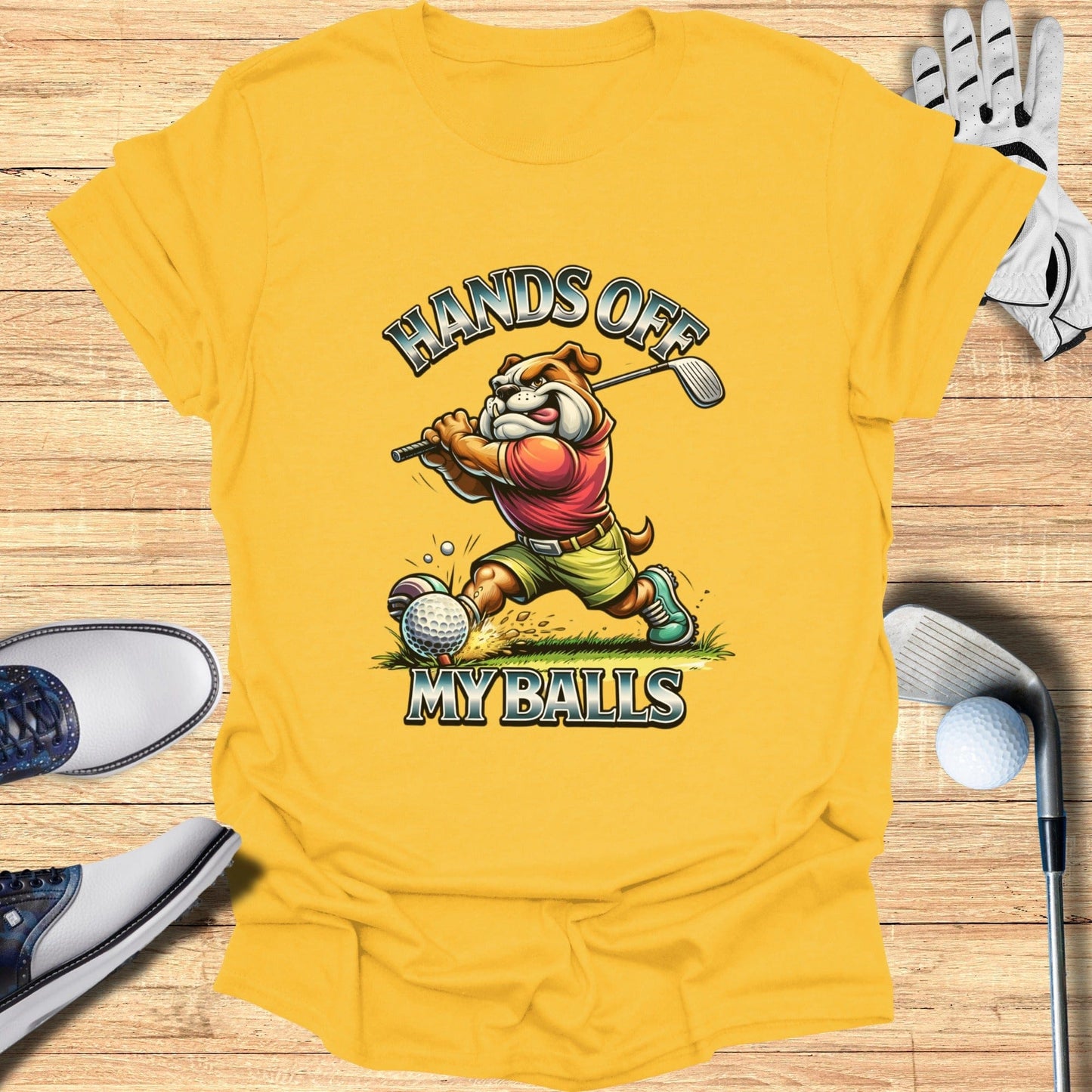 Hands Off My Balls Golf Bulldog Cartoon T-shirt