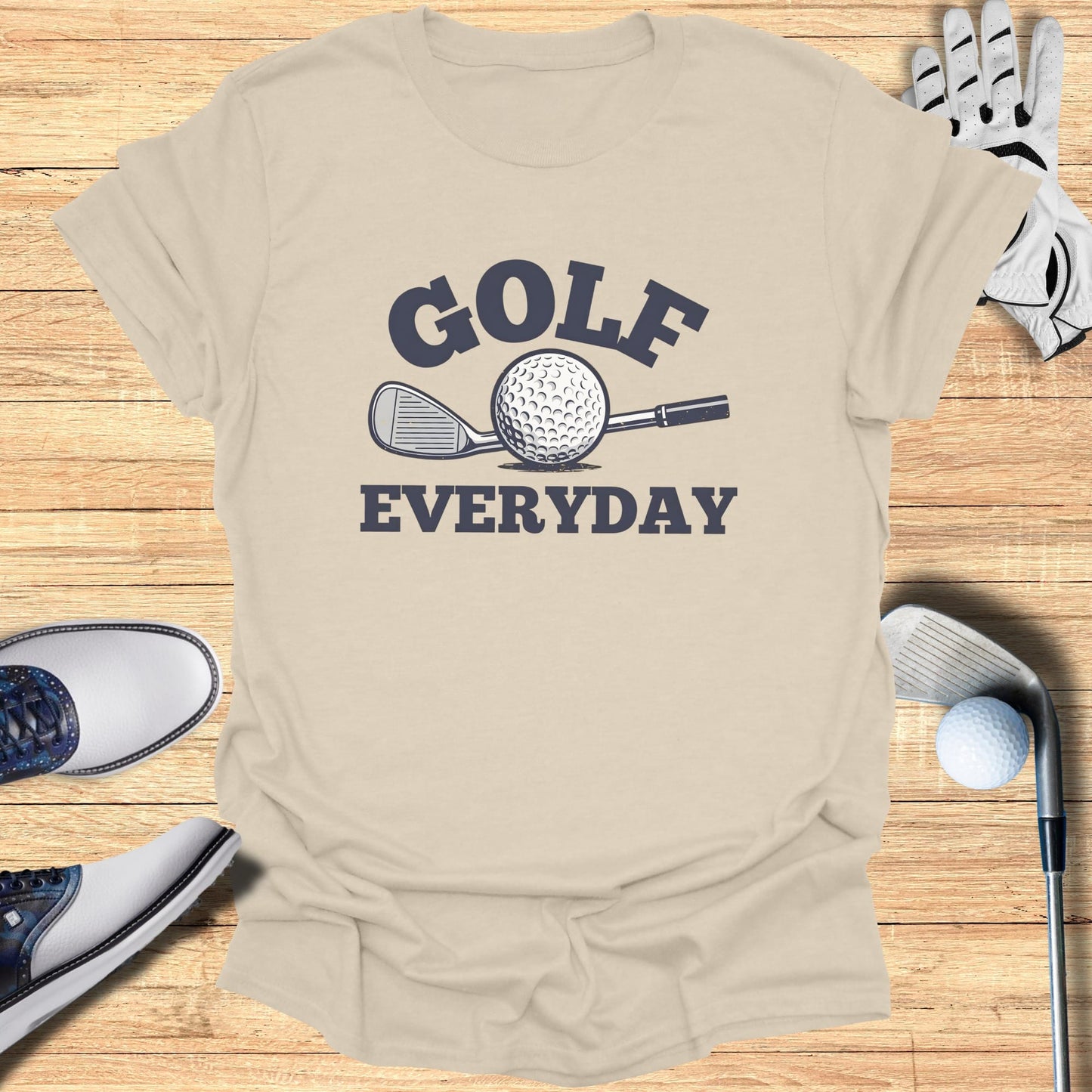 T-shirt with "GOLF EVERYDAY" text, golf ball, and club graphic.