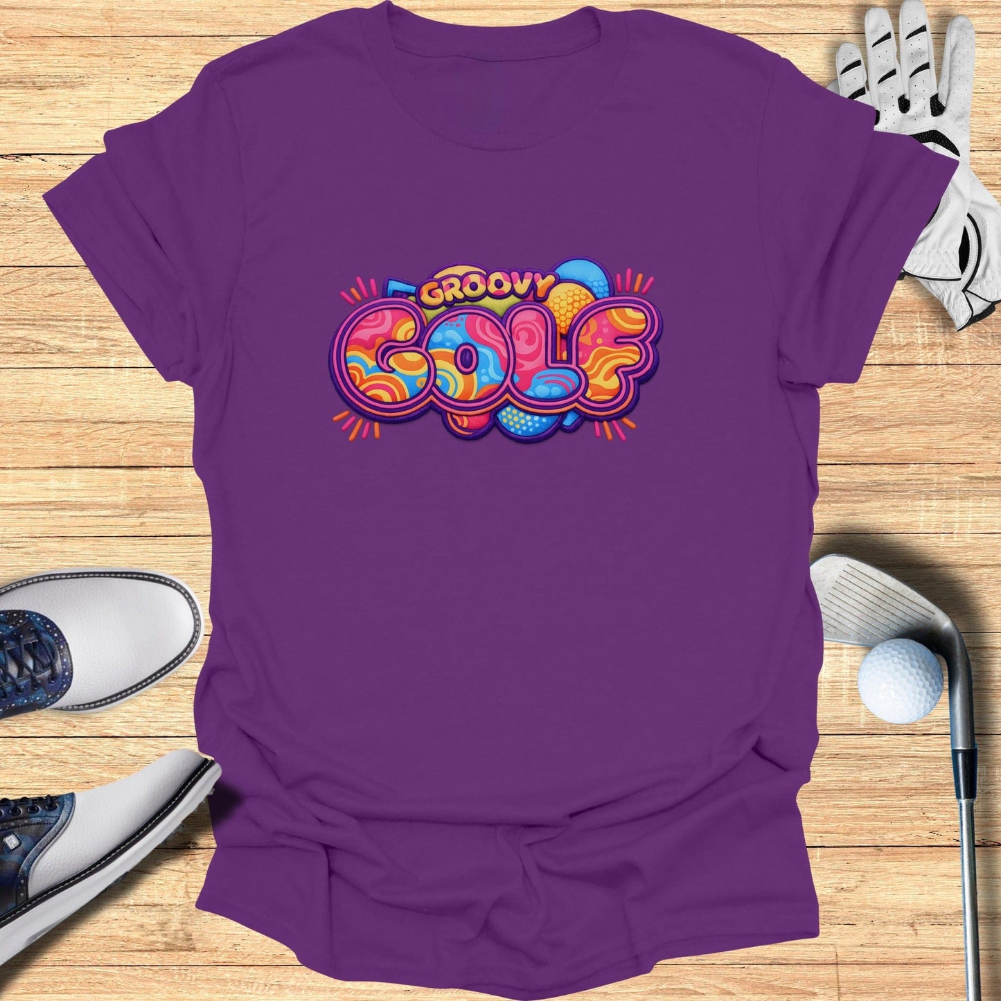 Groovy Golf Graphic Purple Tee Shirt for Sports Lovers