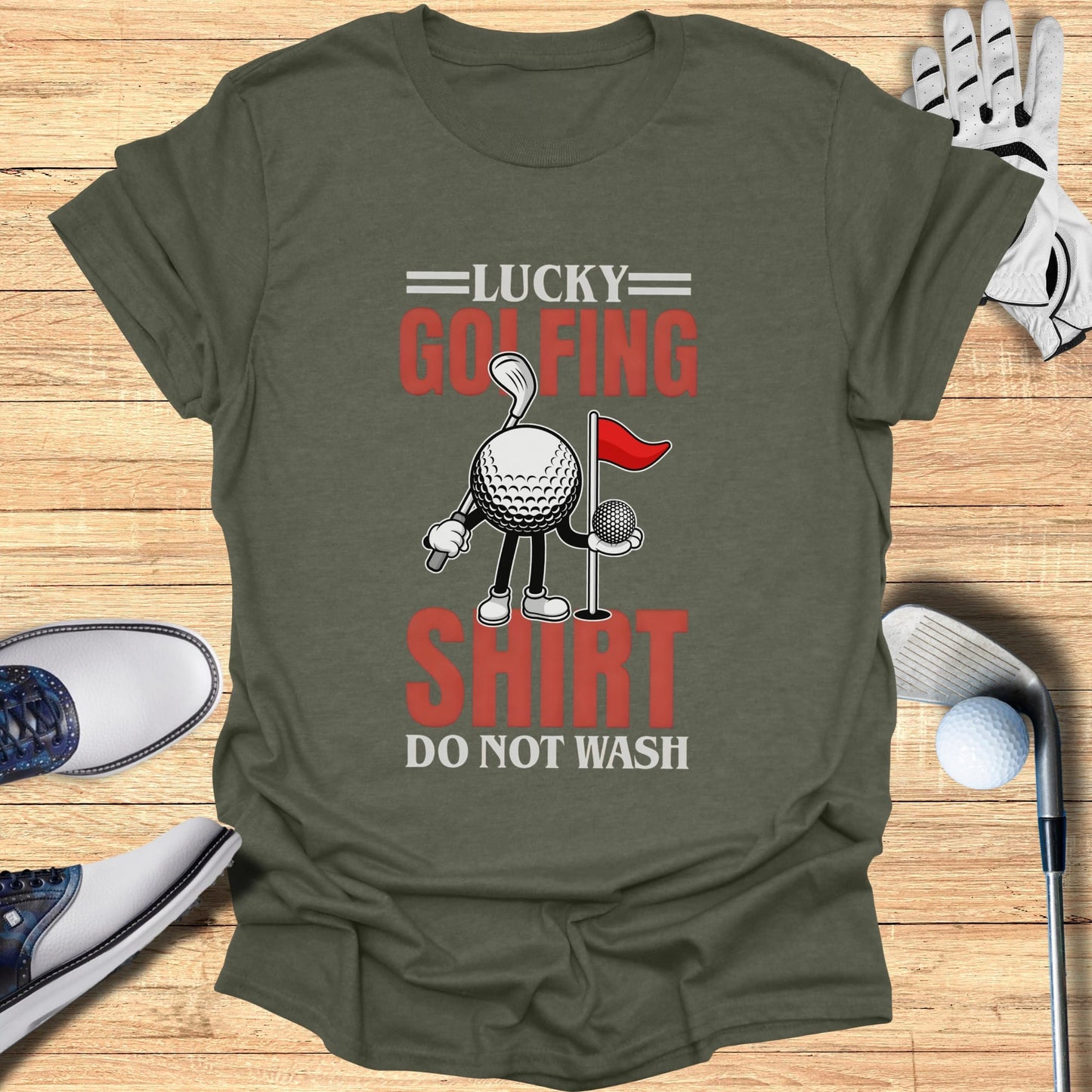 Golf shirt with graphics: "Lucky Golfing Shirt" and "Do Not Wash".