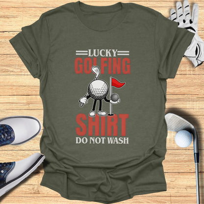 Golf shirt with graphics: "Lucky Golfing Shirt" and "Do Not Wash".