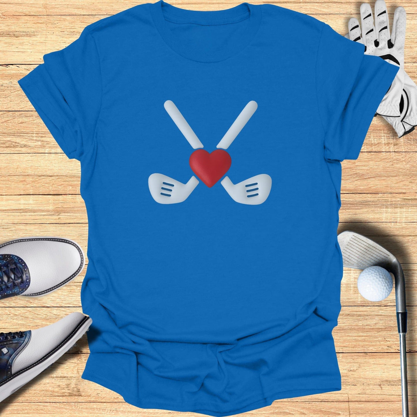 Golf Clubs and Red Heart Design Blue T-Shirt