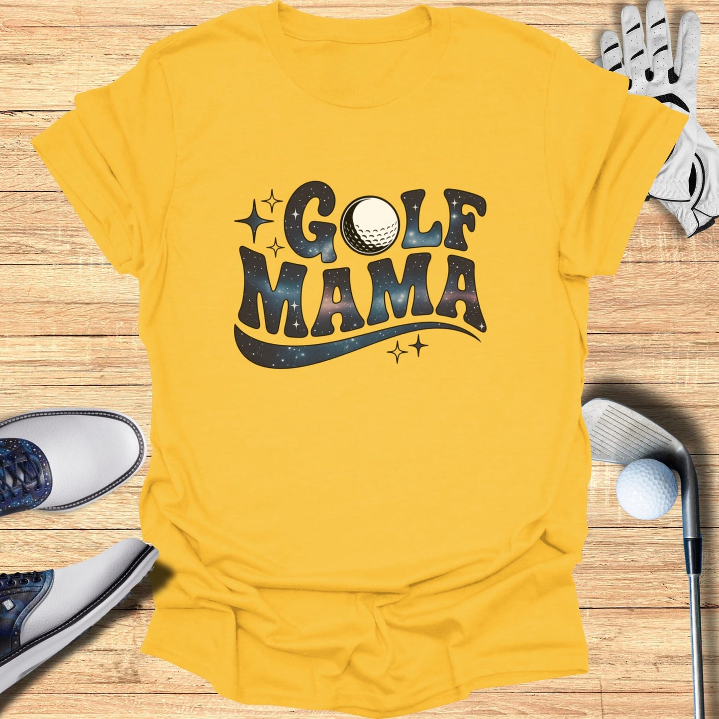Yellow t-shirt with "Golf Mama" in a retro, cosmic font.