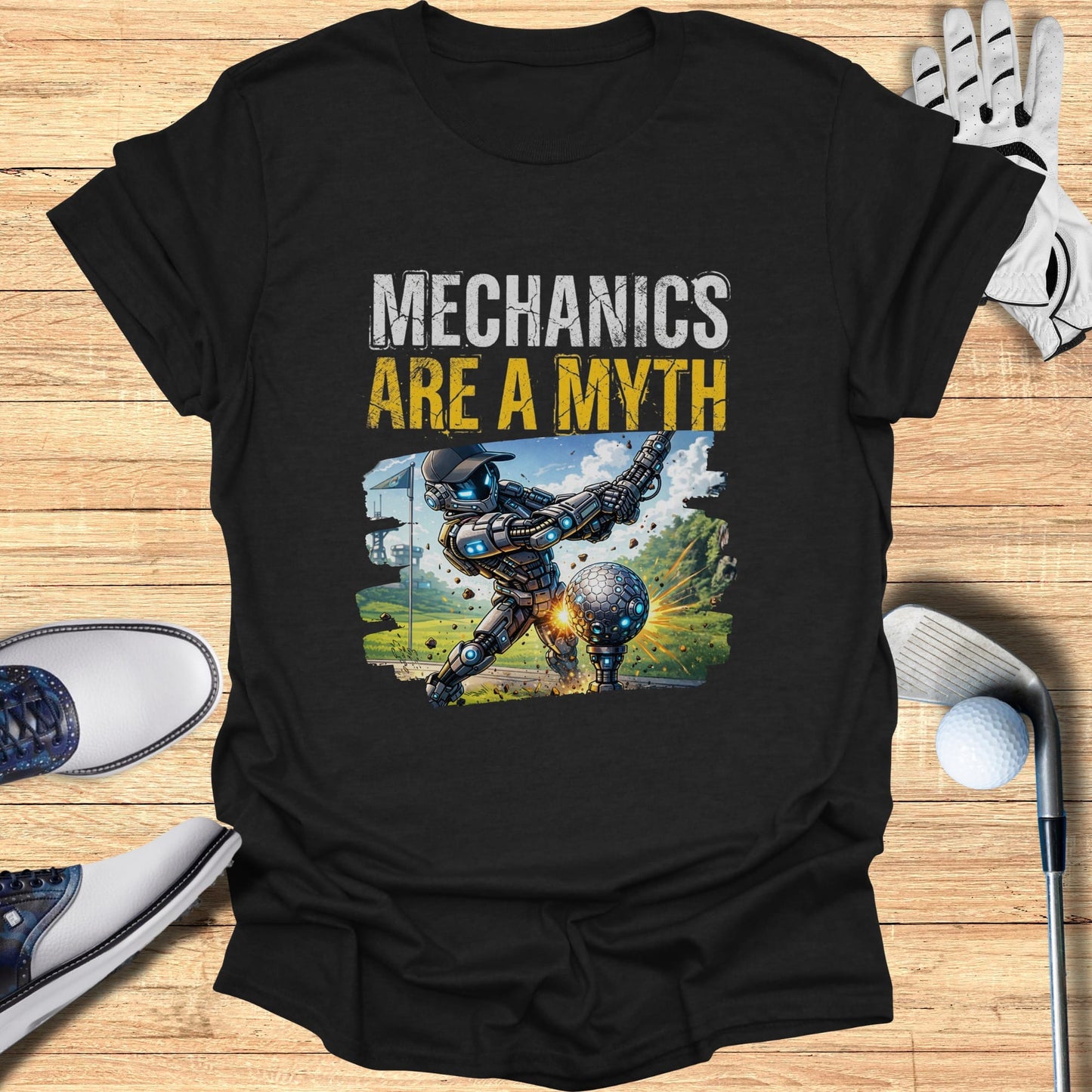 Robot playing golf with text "Mechanics Are A Myth".