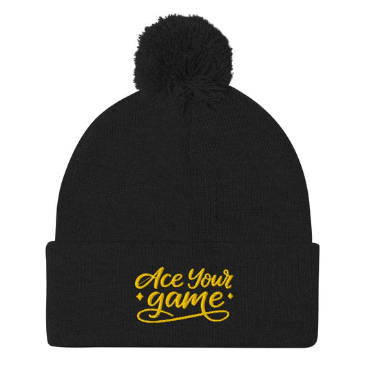 Ace Your Game Embroidered Golf Pom-Pom Beanie - Funny Golf Tee by Swing Epic