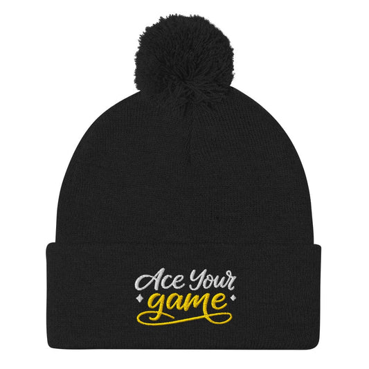 Ace Your Game Embroidered Golf Pom-Pom Beanie - Funny Golf Tee by Swing Epic