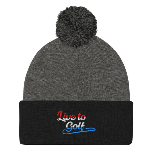 Live to Golf Quirky Fun Lovers Embroidered Golf Pom-Pom Beanie - Funny Golf Tee by Swing Epic
